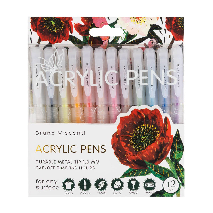 Packaging of Bruno Visconti acrylic pens with floral designs on a white background