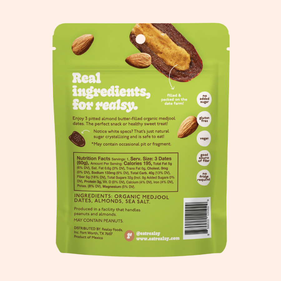 Green packaging of almond butter-filled organic medjool dates with nutritional information and ingredients listed.