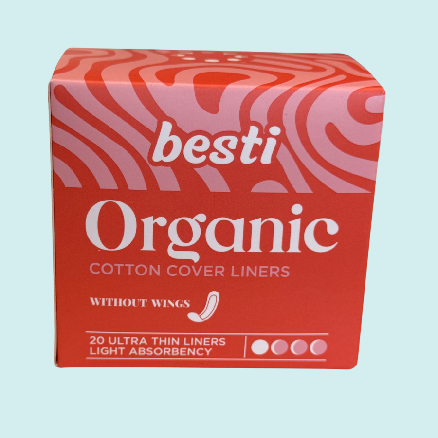 Box of besti Organic Cotton Cover Liners on a light blue background