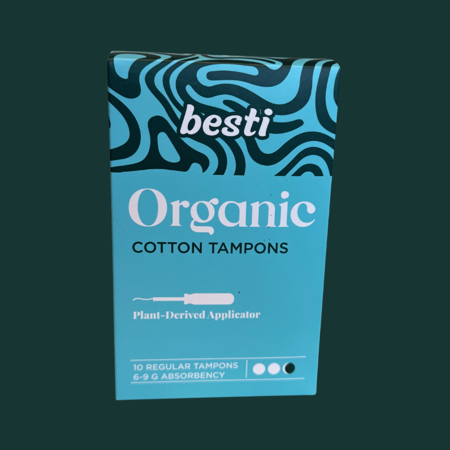 Box of besti Organic Cotton Tampons on a dark green background