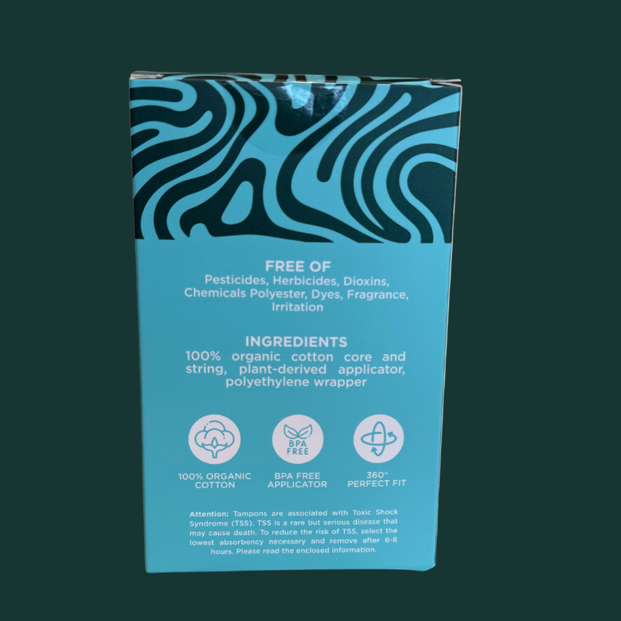 Blue packaging with wavy design and text on a dark green background