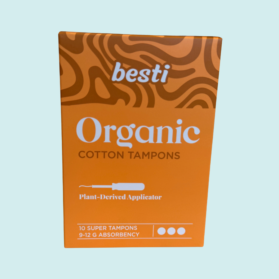 Box of besti Organic Cotton Tampons on a light blue background