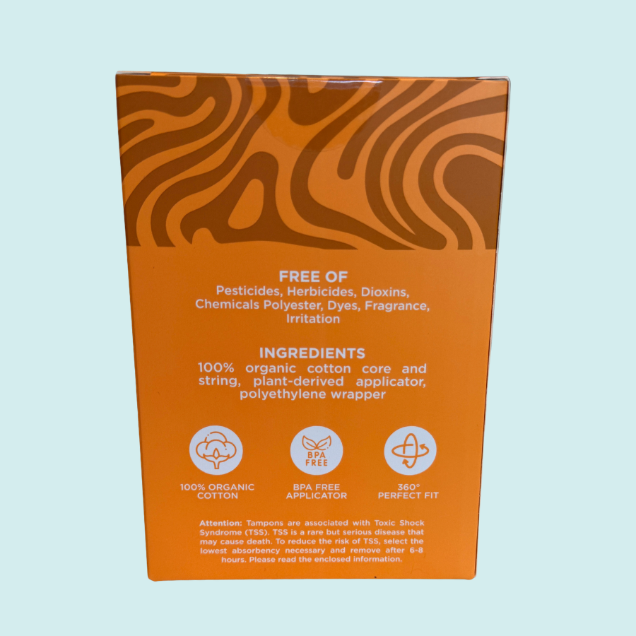 Orange packaging with wavy pattern and text on a light blue background