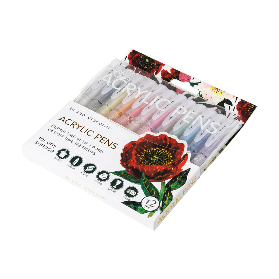 Box of acrylic pens with floral design on a white background