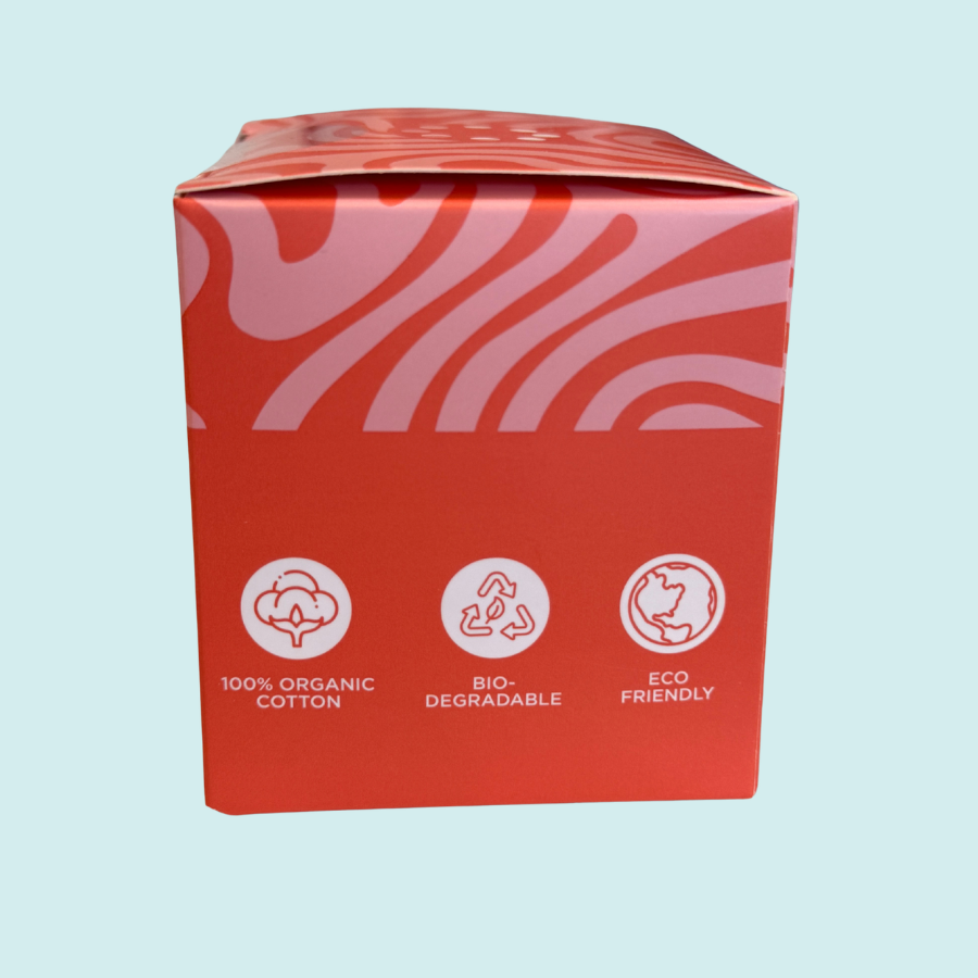 Red box with zebra pattern and eco-friendly icons on a light blue background