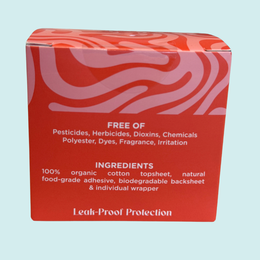 Red packaging with white text on a light blue background