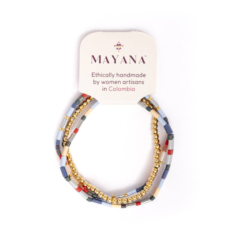 Set of beaded bracelets on a white background with Mayana brand label.