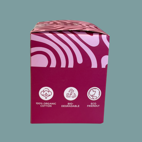 Pink packaging box with white patterns and eco-friendly icons on a teal background