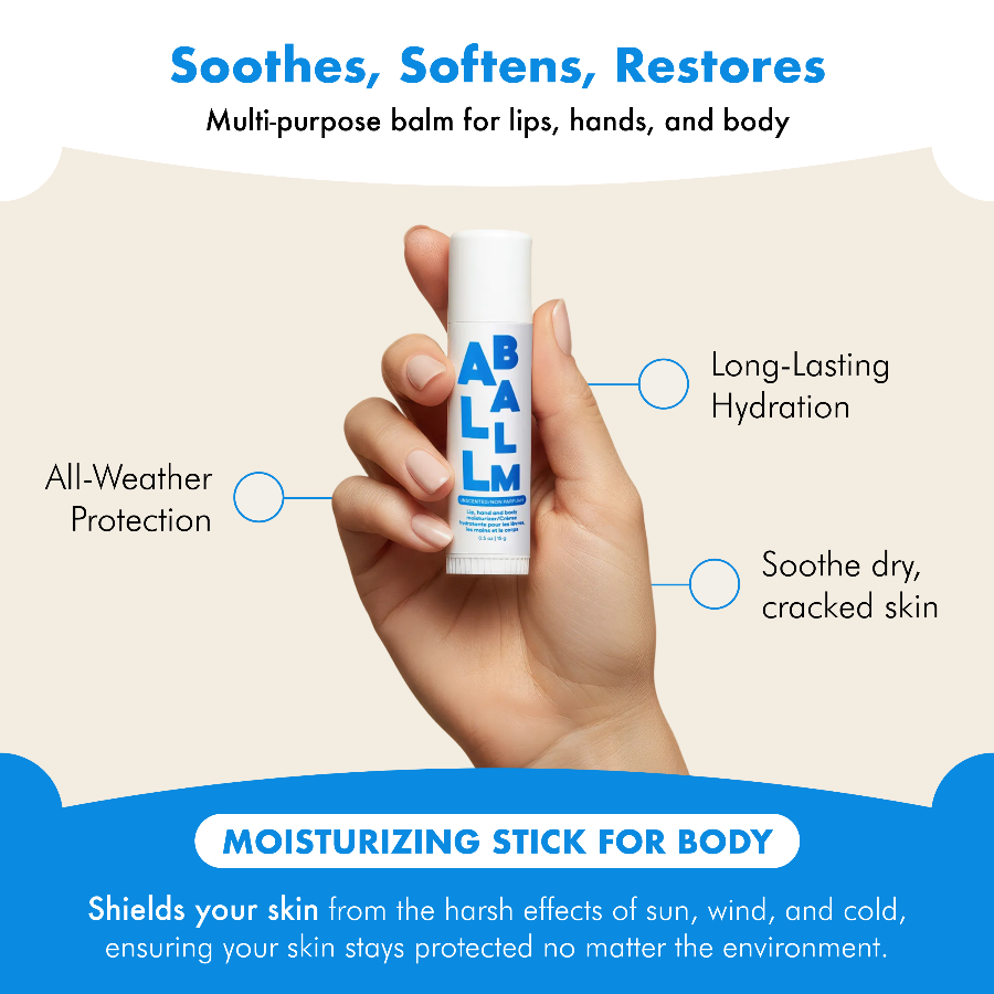 Hand holding a moisturizing stick with text highlighting its benefits on a beige background