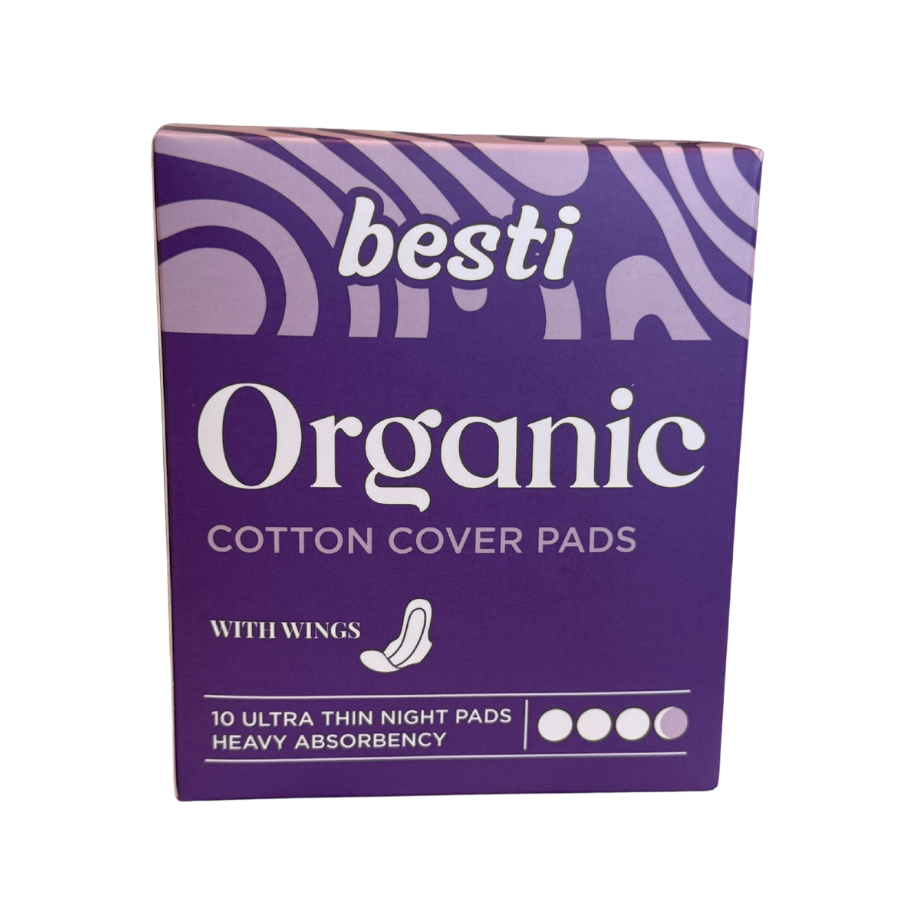 Box of besti Organic Cotton Cover Pads with wings on a white background