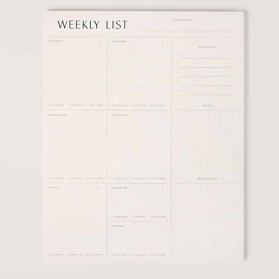 Weekly list planner sheet on a white background