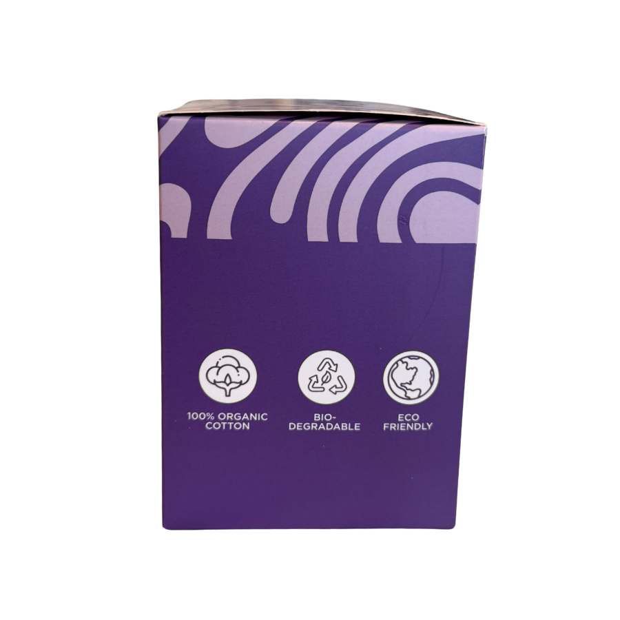 Purple box with eco-friendly icons and text on a white background