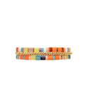 Multicolored striped bracelet with gold accents on a white background