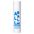 White cylindrical container with blue text on a white background