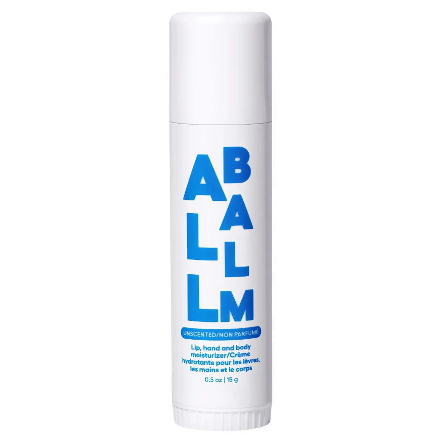 White cylindrical container with blue text on a white background