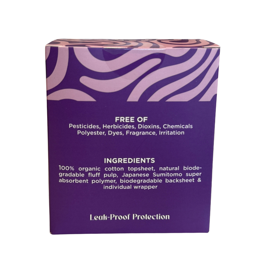 Purple packaging with wavy pattern and text on a white background