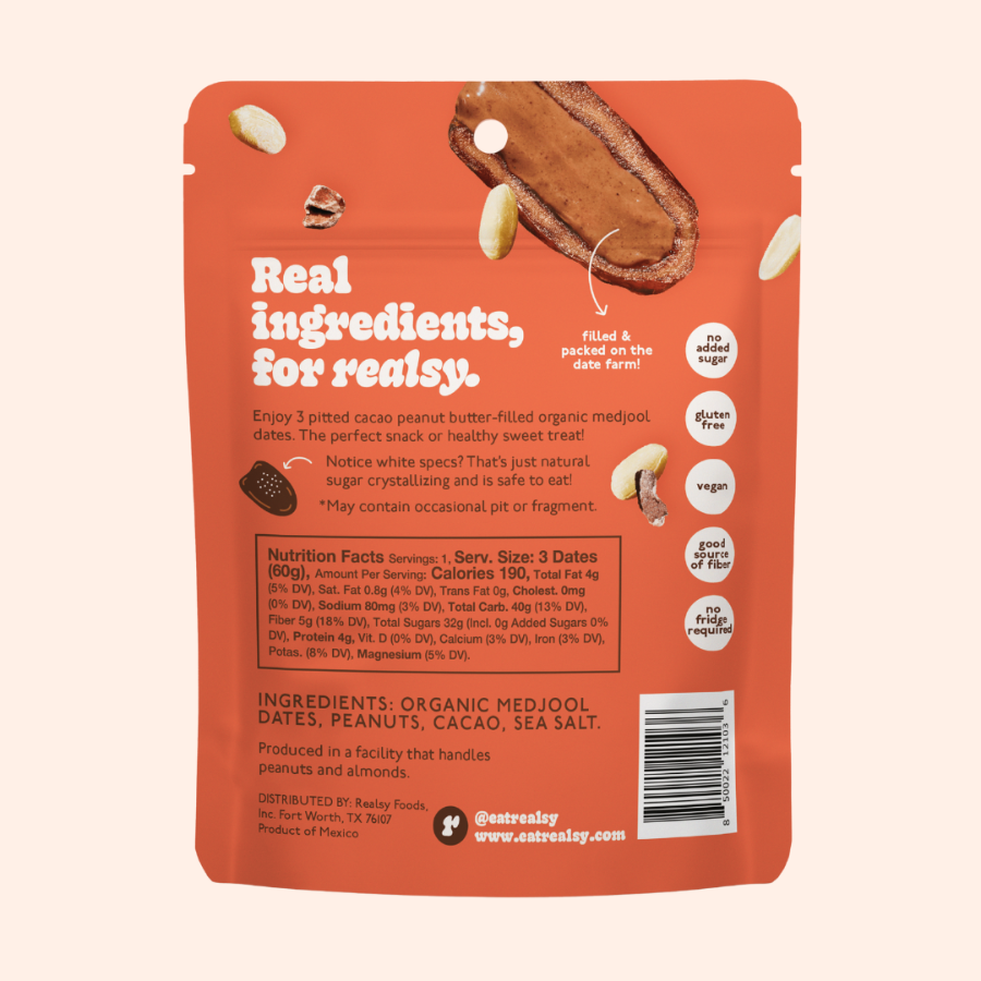 Back of a snack package with text and images of ingredients on an orange background