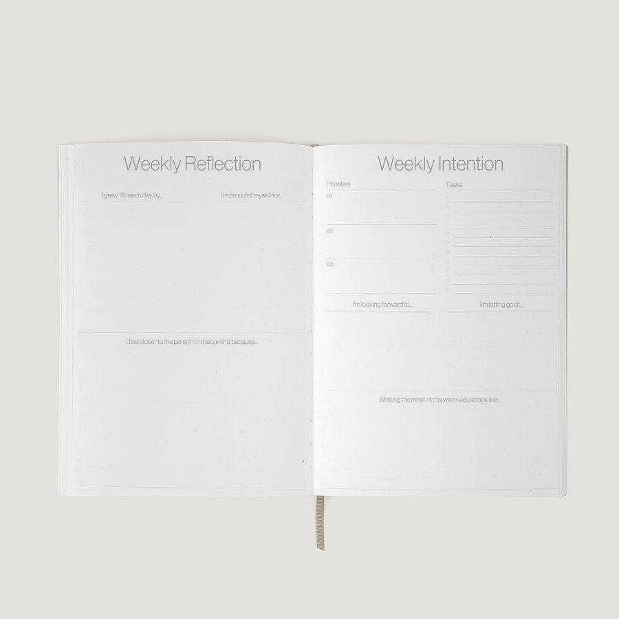 Open notebook with 'Weekly Reflection' and 'Weekly Intention' sections on a light background