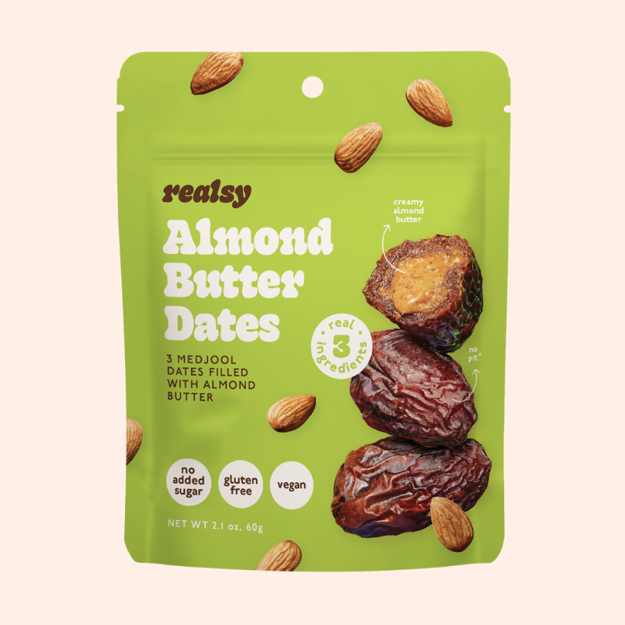 Green package of realsy Almond Butter Dates with images of dates and almonds on a white background.
