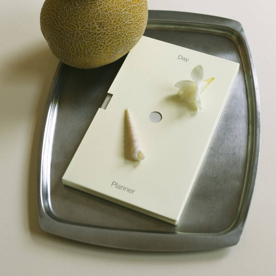 Melon, lemon, and a small notebook on a tray with a light background