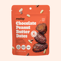 Packaging of realsy Chocolate Peanut Butter Dates on a beige background