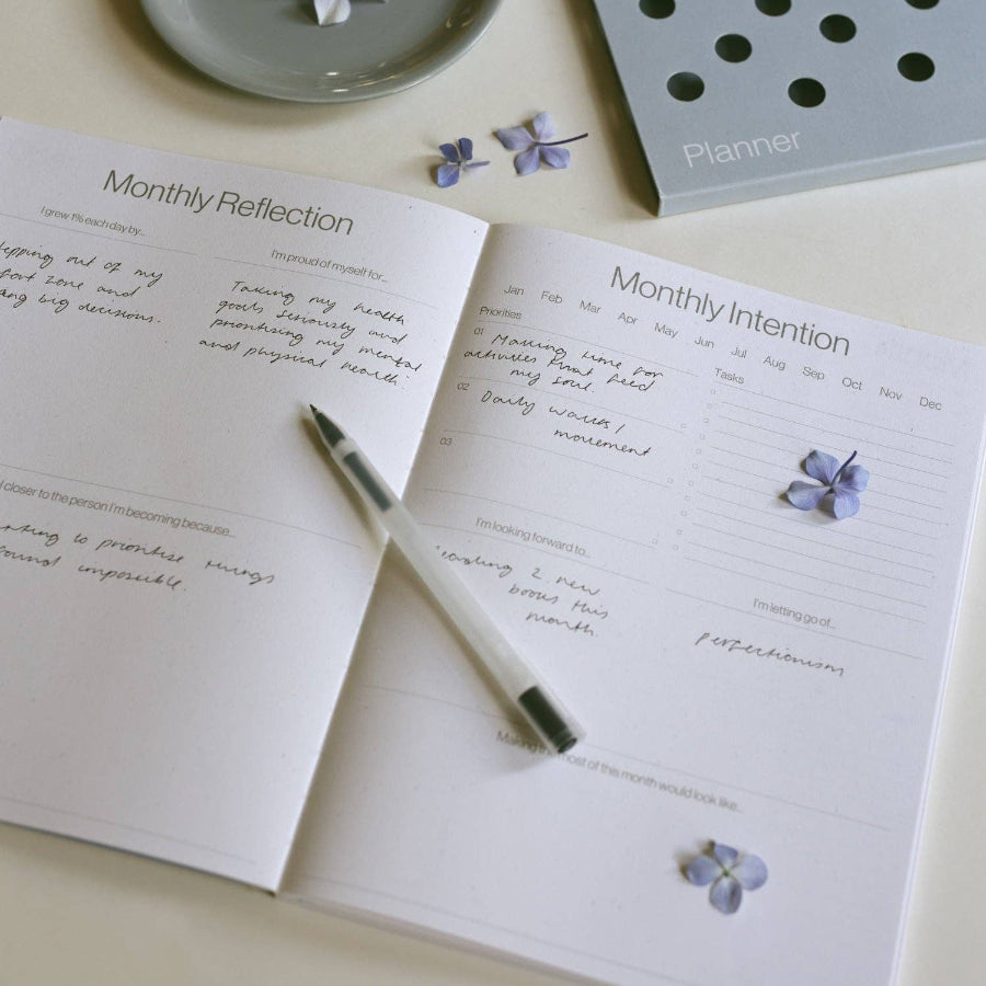 Two sheets of paper with writing prompts, a pen, and decorative flowers on a light surface.