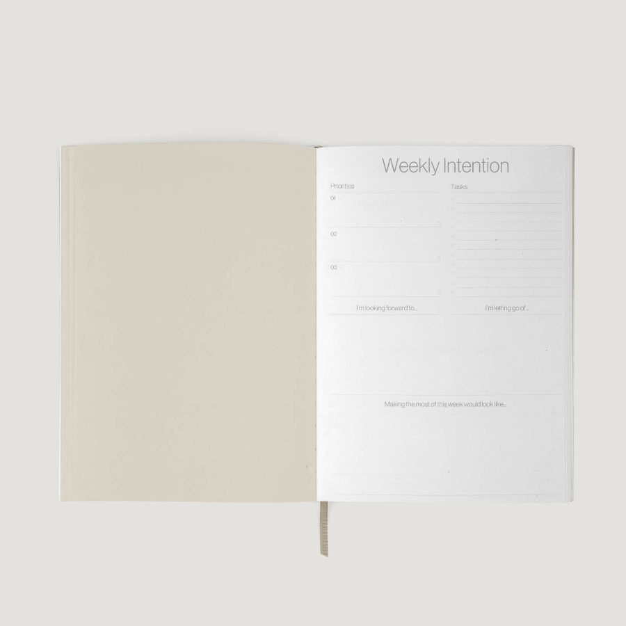 Open notebook showing a page titled 'Weekly Intention' on a white background