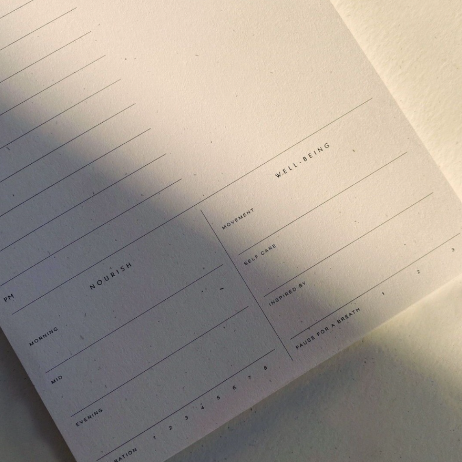 Notebook page with columns labeled 'Notes', 'Well Being', 'Mood', and 'Other'.