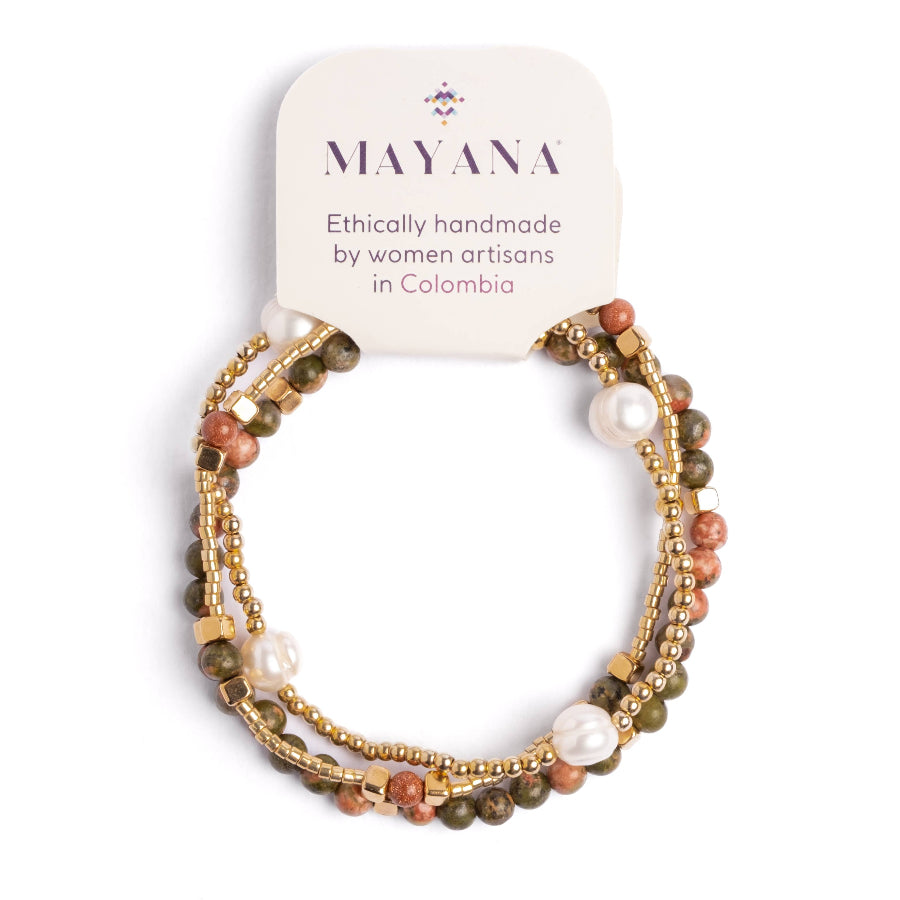 Set of beaded bracelets with a Mayana brand card on a white background