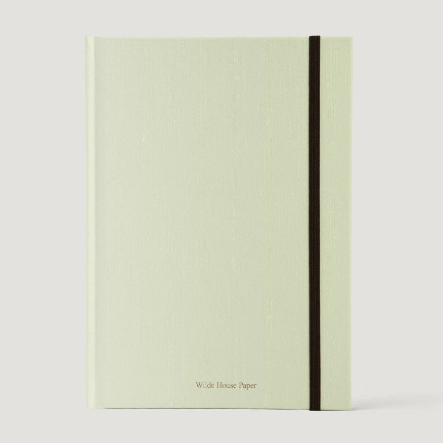 Light green notebook with a black strap on a white background